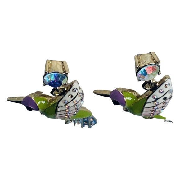 Betsey Johnson Hummingbird Dangle Earrings 2" Crystal Green Spring Ahead - Picture 7 of 11